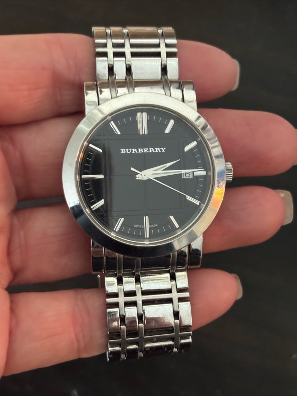 Burberry Silver Stainless Steel Watch with Black Dial